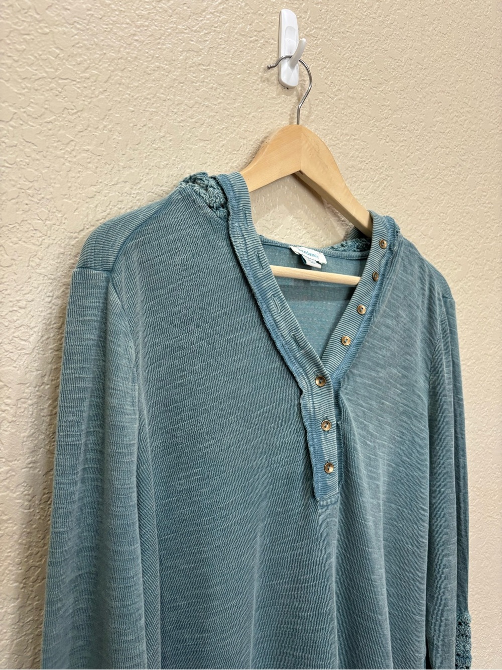 Sundance Caitlin Crochet Hoodie Hooded Henley Top Sage/Slate Blue - Large Boho - Picture 3 of 7